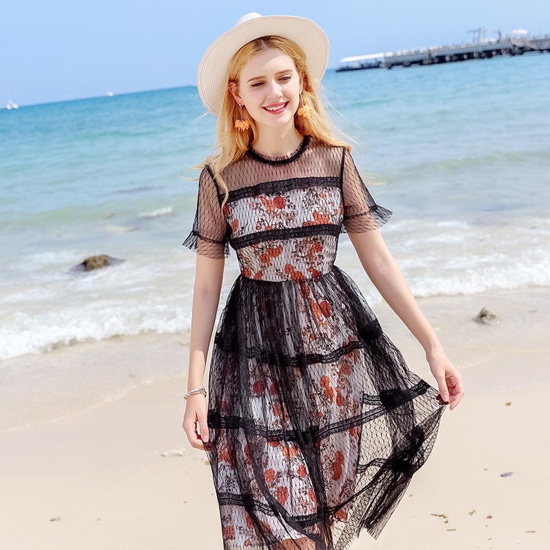Hollow Mesh Printed Chiffon Fake Two Piece Dress
