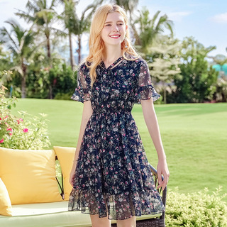 V-Ausschnitt Elastic Gedruckt Chiffon-Kleid