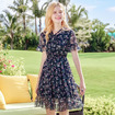 V-neck Elastic Printed Chiffon Dress