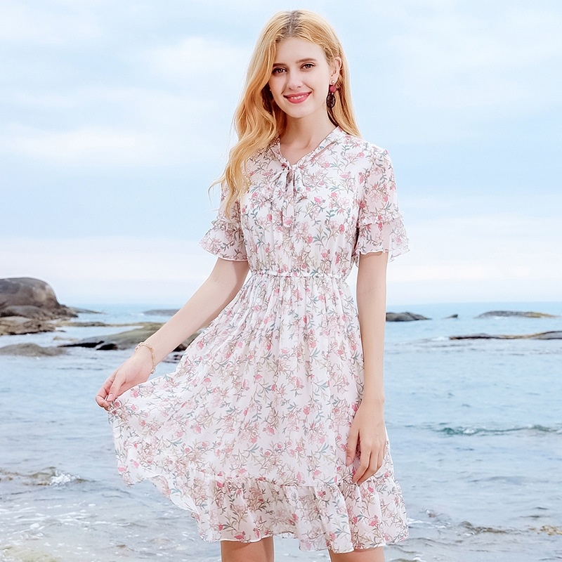 V-neck Elastic Printed Chiffon Dress