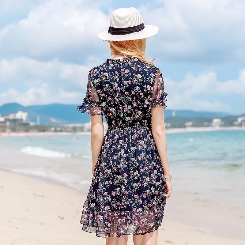 V-neck Elastic Printed Chiffon Dress