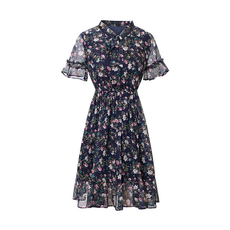 V-neck Elastic Printed Chiffon Dress