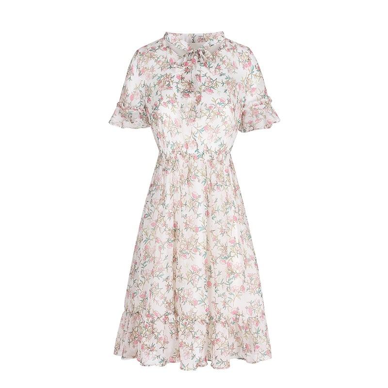 V-neck Elastic Printed Chiffon Dress