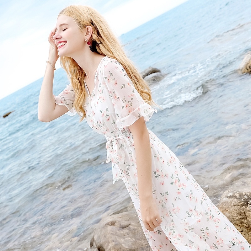 Horn Sleeve Floral Printed Chiffon Dress