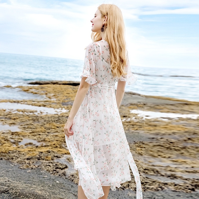 Horn Sleeve Floral Printed Chiffon Dress