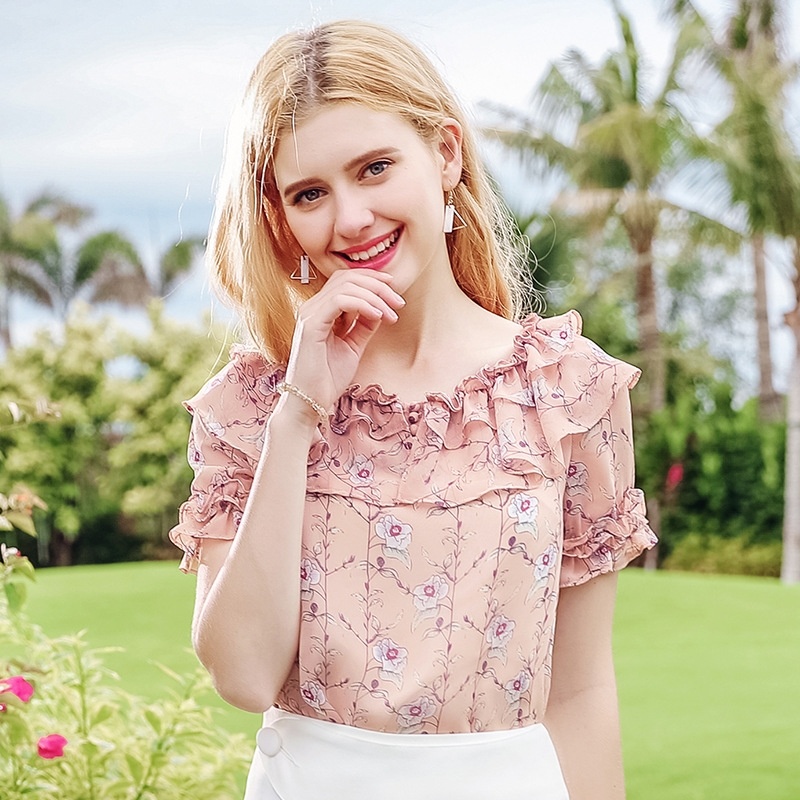 Round Neck Sleeve Print Chiffon Shirt