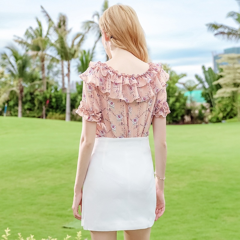 Round Neck Sleeve Print Chiffon Shirt