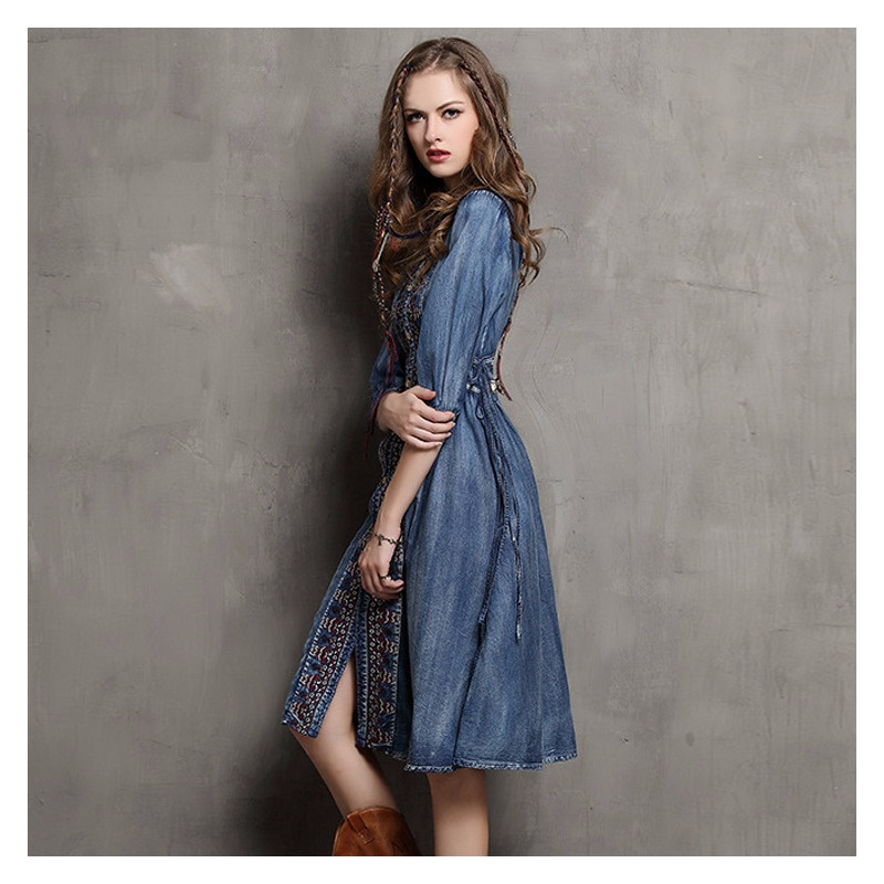 Cowboy Ethnic Style Embroidery Drawstring Sleeve Dress