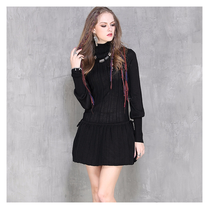 High Collar Knit Pleated Dress