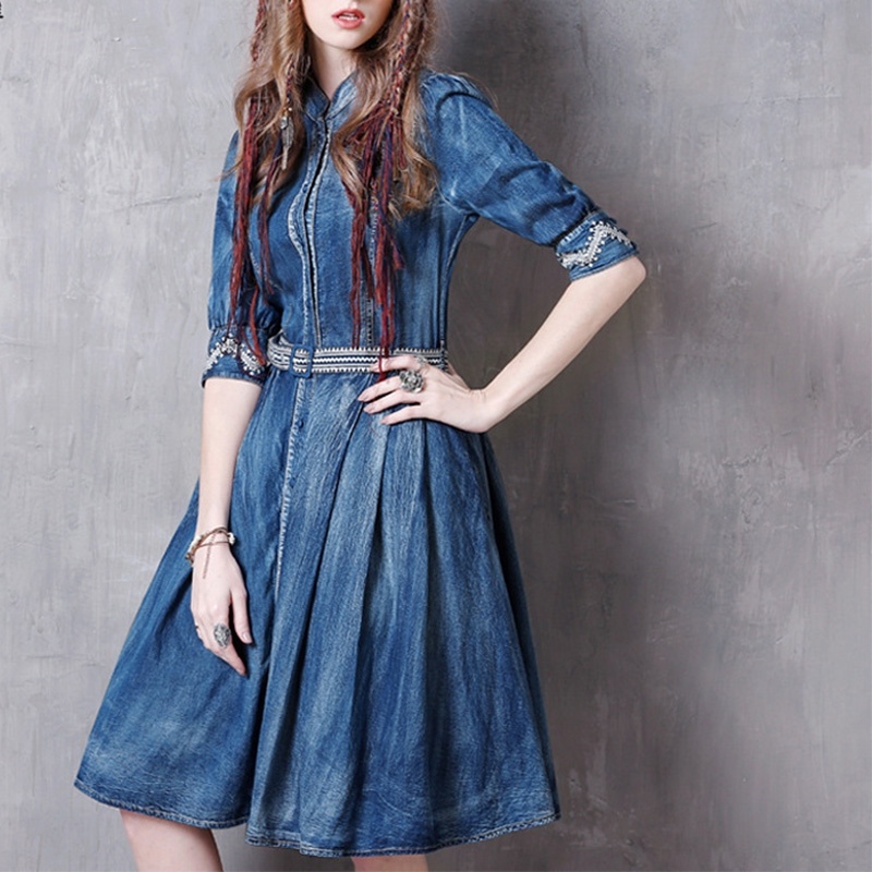 Mid Sleeve Denim Embroidered Belt Dress