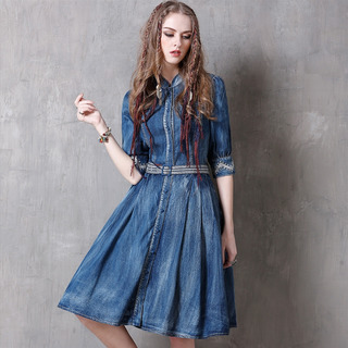 Mitte Sleeve Denim Bestickt Gürtel Kleid