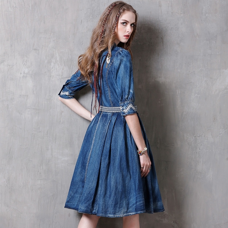 Mid Sleeve Denim Embroidered Belt Dress
