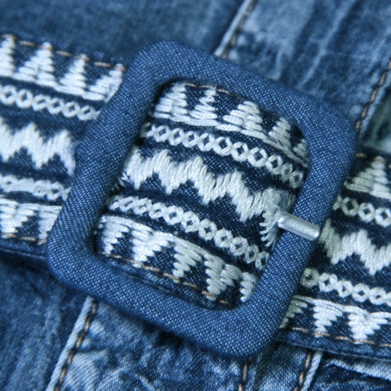 Mid Sleeve Denim Embroidered Belt Dress