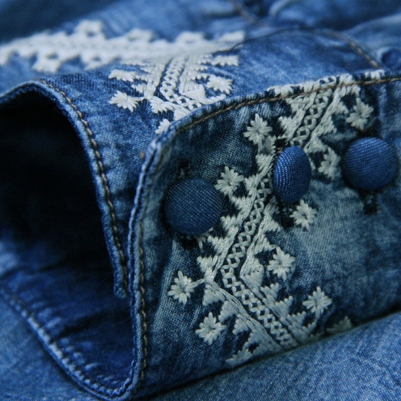 Mid Sleeve Denim Embroidered Belt Dress