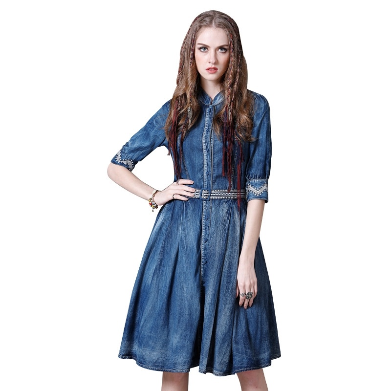 Mid Sleeve Denim Embroidered Belt Dress