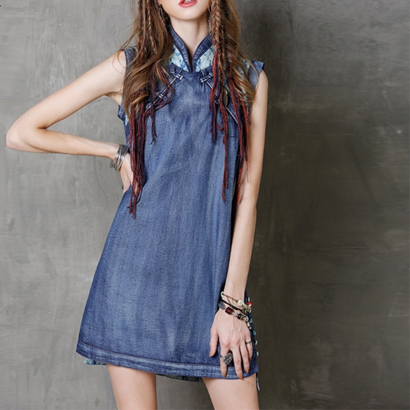 Weste Cheongsam Ethno-Stil Unregelmäßige Denim-Kleid