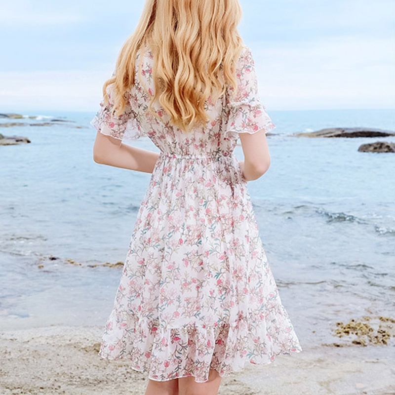 V-neck Elastic Printed Chiffon Dress