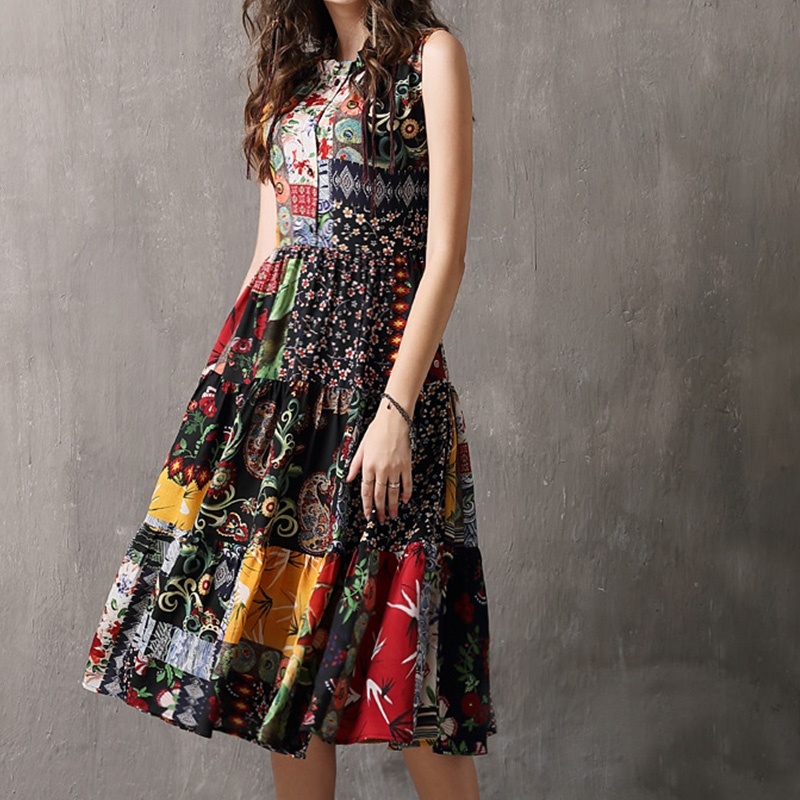 Printed Vest Vintage Ruffled Collar Large Size Dres