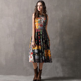 Printed Vest Vintage Ruffled Collar Large Size Dres