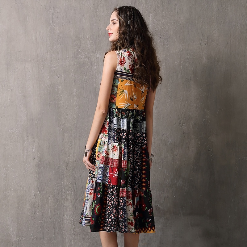 Printed Vest Vintage Ruffled Collar Large Size Dres