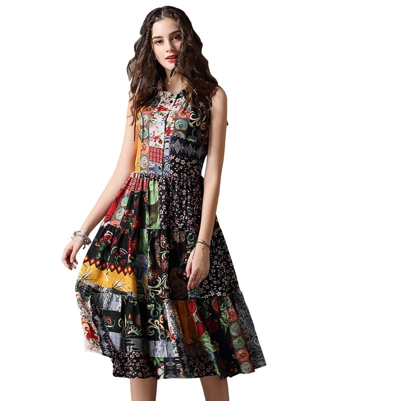 Printed Vest Vintage Ruffled Collar Large Size Dres