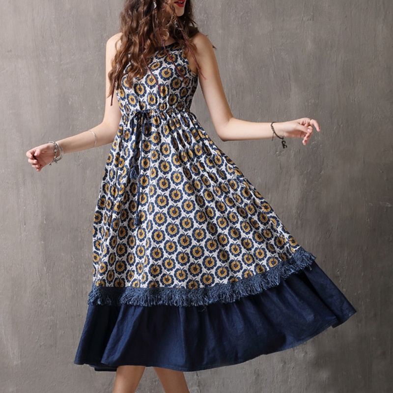 Vintage Print Halyard Braided Denim Dress | VoguesUs