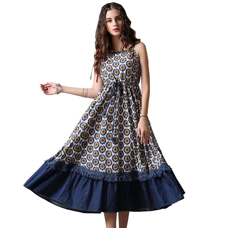 Vintage Print Halyard Braided Denim Dress | VoguesUs