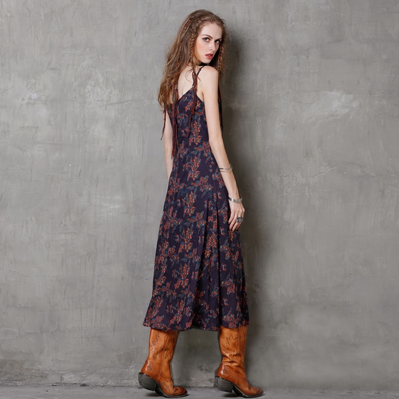 Printed Strap Long Vintage Floral Dress