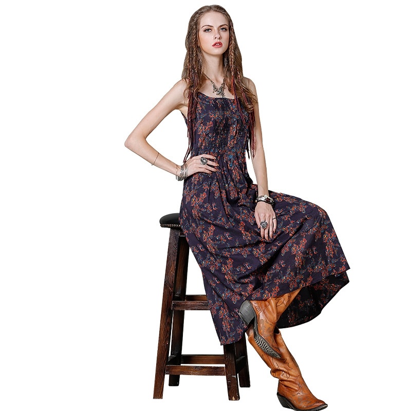 Printed Strap Long Vintage Floral Dress
