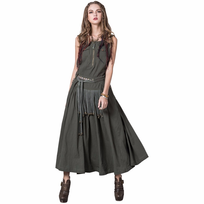 Tassel Belt Dress Retro Embroidered Strap Dress