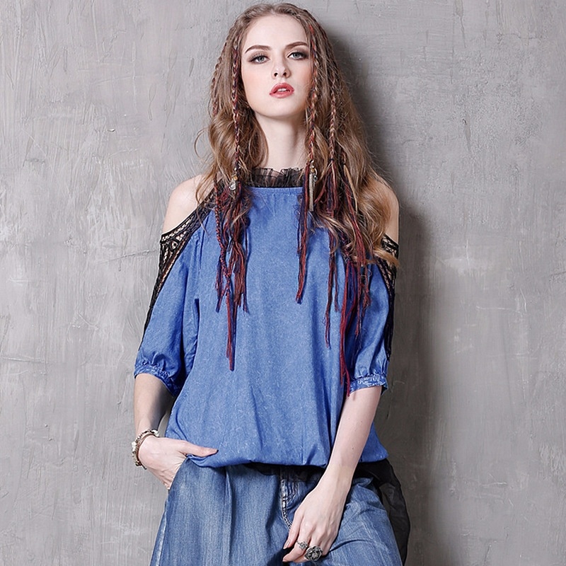 Volants Denim Vintage Lâche T-Shirt À Manches | VoguesUs