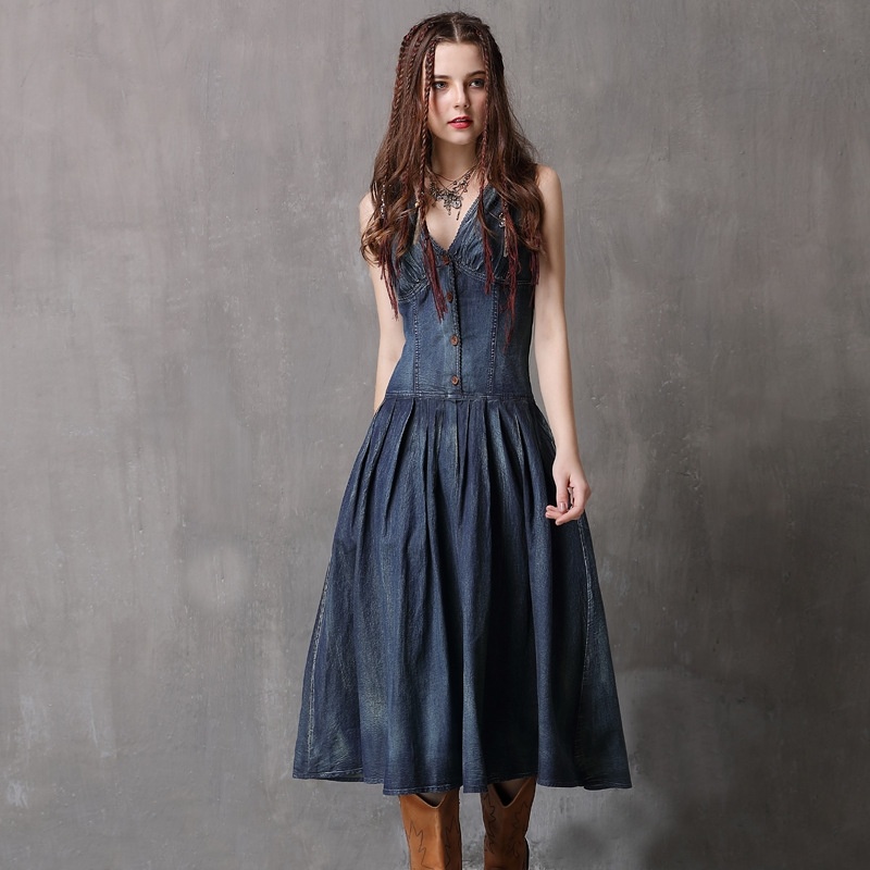 V-neck Denim-Rock Slim Weste Kleid | VoguesUs