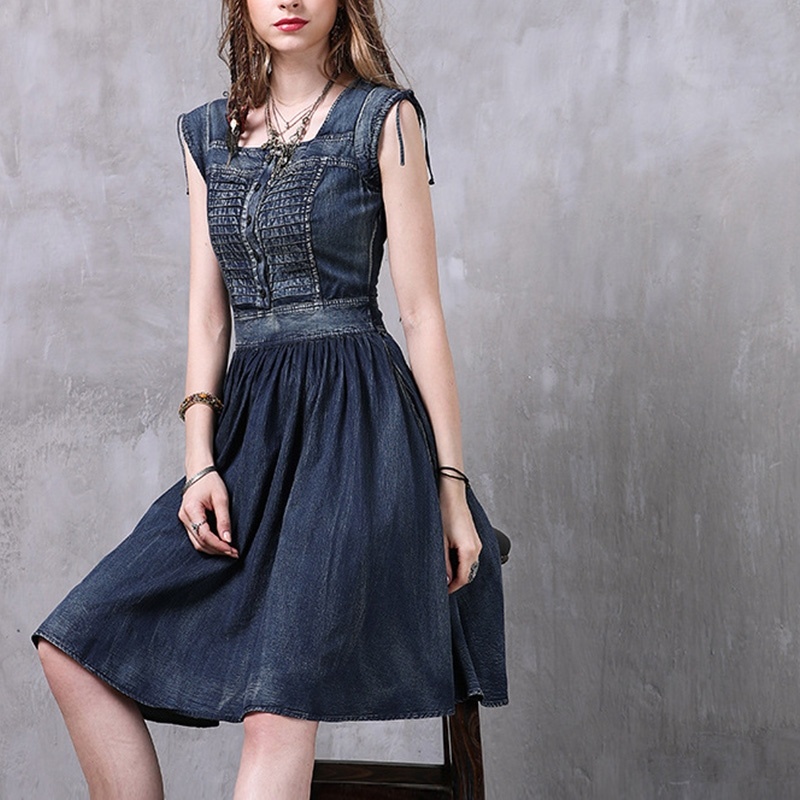 Elegant Denim Skirt Vintage Waist Dress