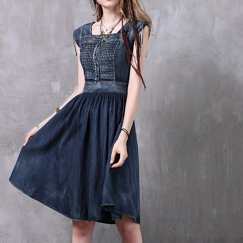 Elegant Denim Skirt Vintage Waist Dress
