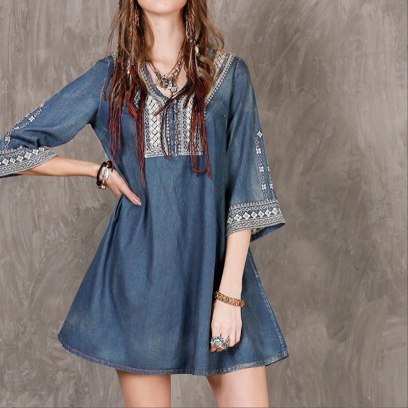 Loose Cowboy Vintage Embroidered Large A-Line Dress