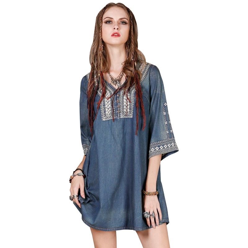 Loose Cowboy Vintage Embroidered Large A-Line Dress