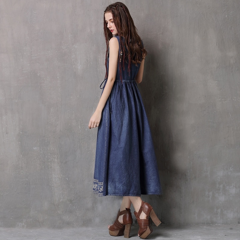Embroidered Vest Denim Drawstring Large Size Dress