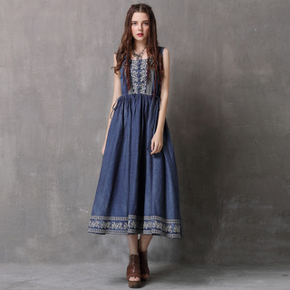 Embroidered Vest Denim Drawstring Large Size Dress