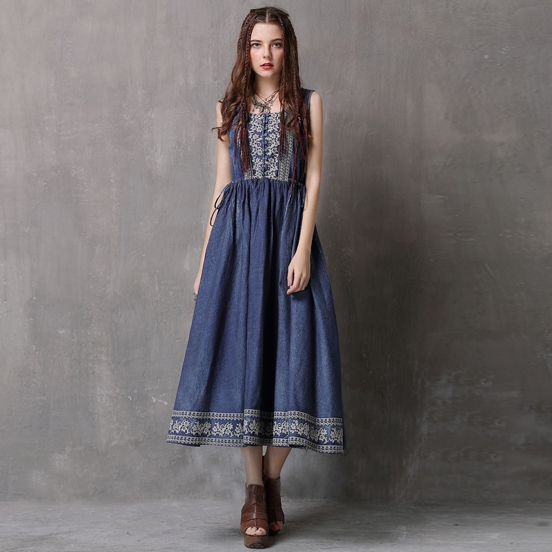 Embroidered Vest Denim Drawstring Large Size Dress