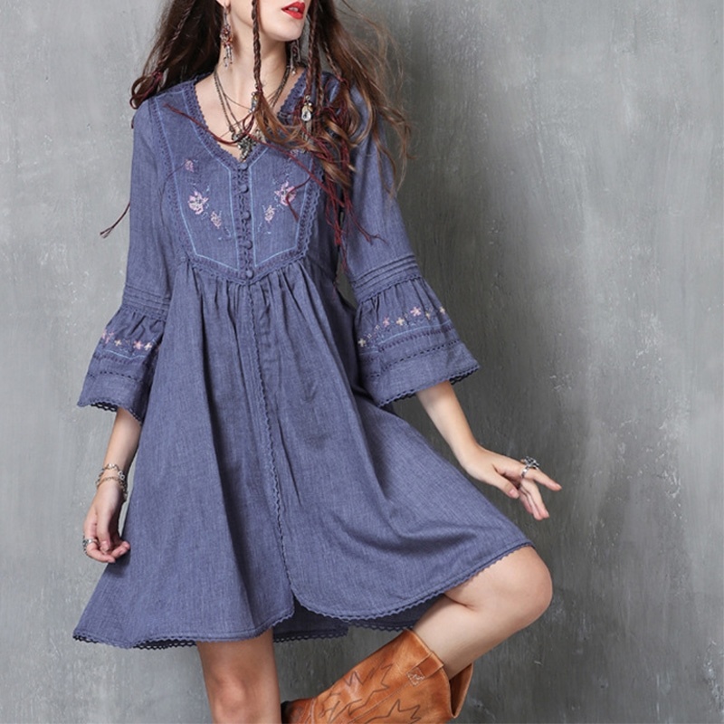 Flutter Sleeve Plus Size Swing Vintage Kleid Stickerei | VoguesUs