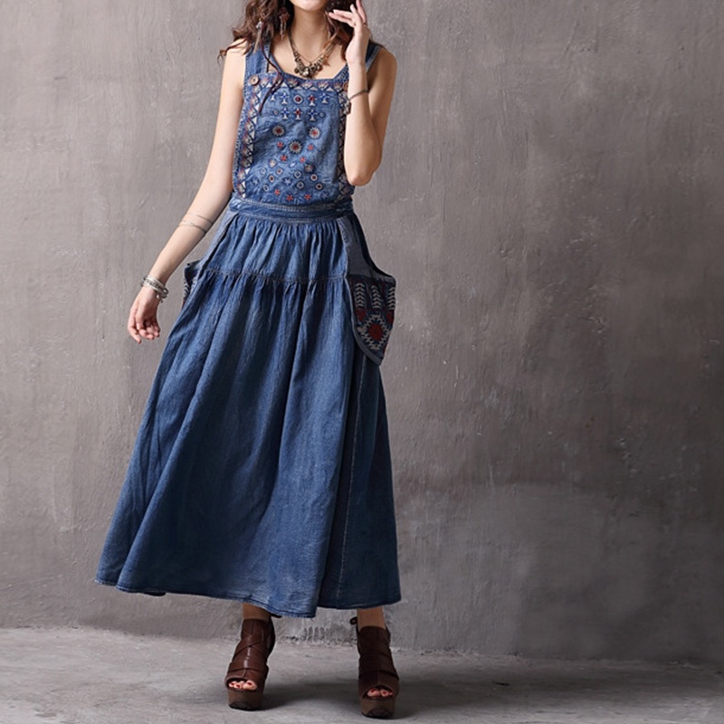 Denim Ethnic Style Embroidery Cut Strap Dress With Oversized Pocket | VoguesUs