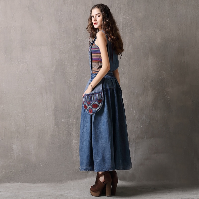 Denim Ethnic Style Embroidery Cut Strap Dress With Oversized Pocket | VoguesUs