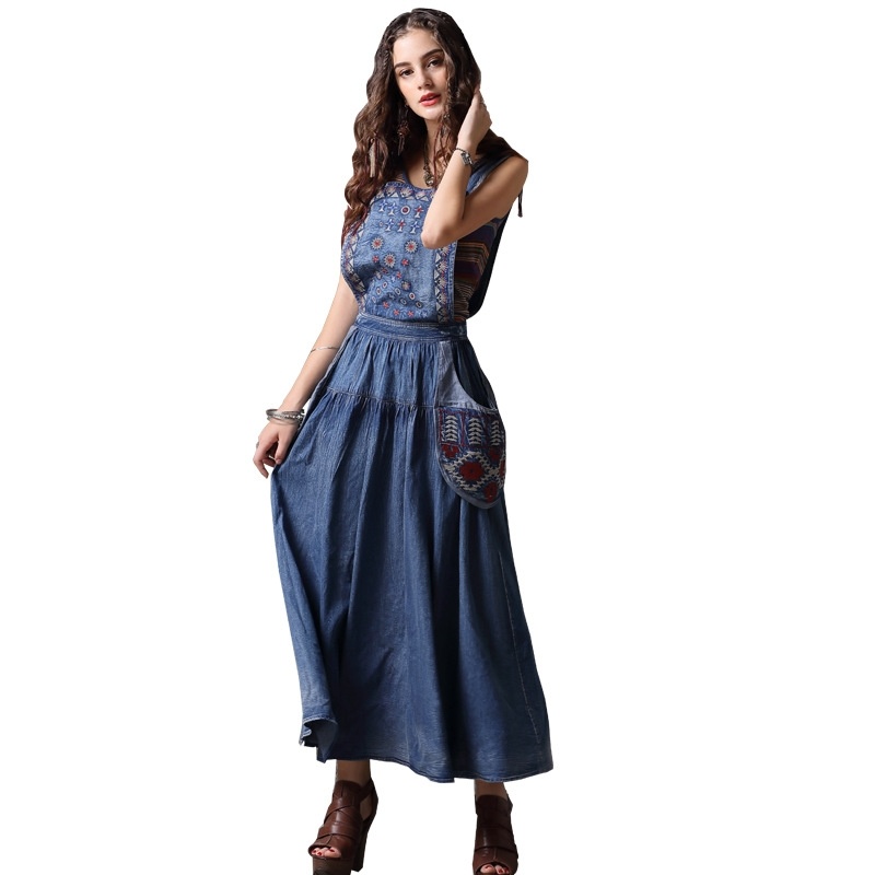 Denim Ethnic Style Embroidery Cut Strap Dress