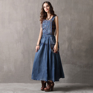 Denim De Style Ethnique Broderie Couper La Sangle Robe Avec Trop De Poche | VoguesUs