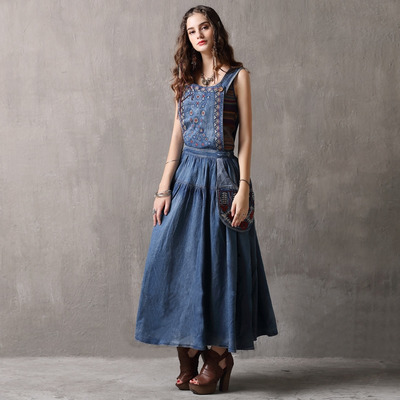 Denim Ethnic Style Embroidery Cut Strap Dress With Oversized Pocket | VoguesUs