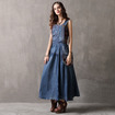 Denim Ethnischen Stil Stickerei-Cut-Gurt Kleid Mit Oversized Tasche