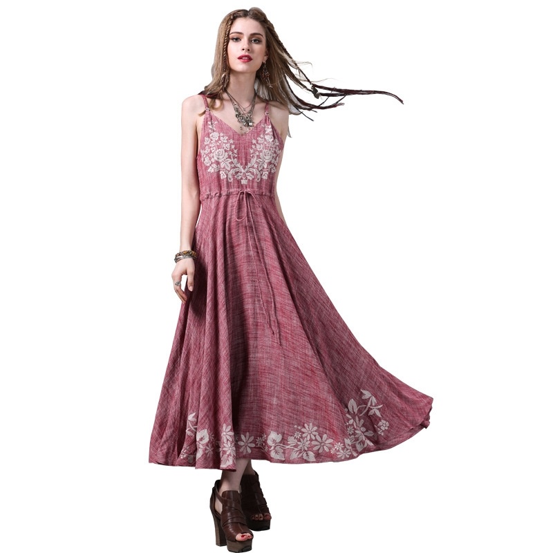 Drawstring Strap Dress Vintage Embroidered Dress
