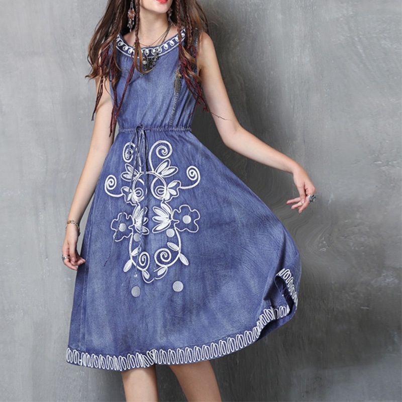 Embroidered Denim Retro Drawstring Dress | VoguesUs