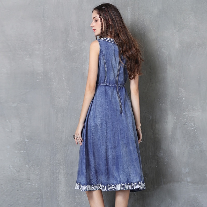 Embroidered Denim Retro Drawstring Dress | VoguesUs
