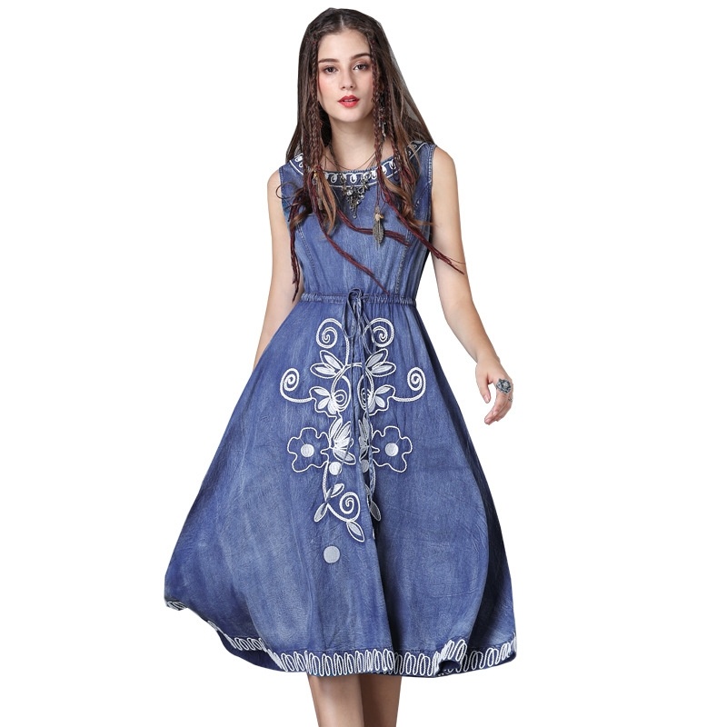 Embroidered Denim Retro Drawstring Dress | VoguesUs